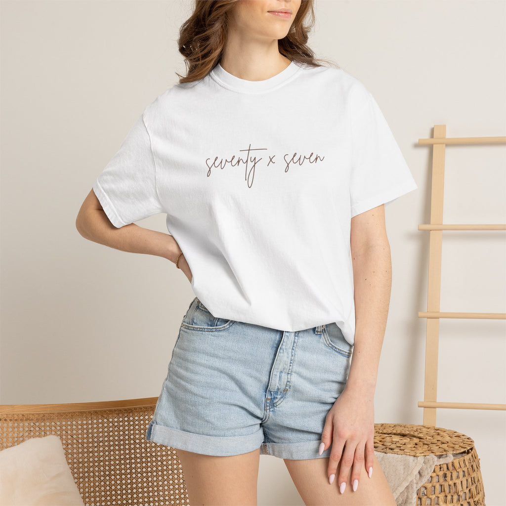 Seventy x Seven Script T-Shirt — Minimalist White Graphic Tee