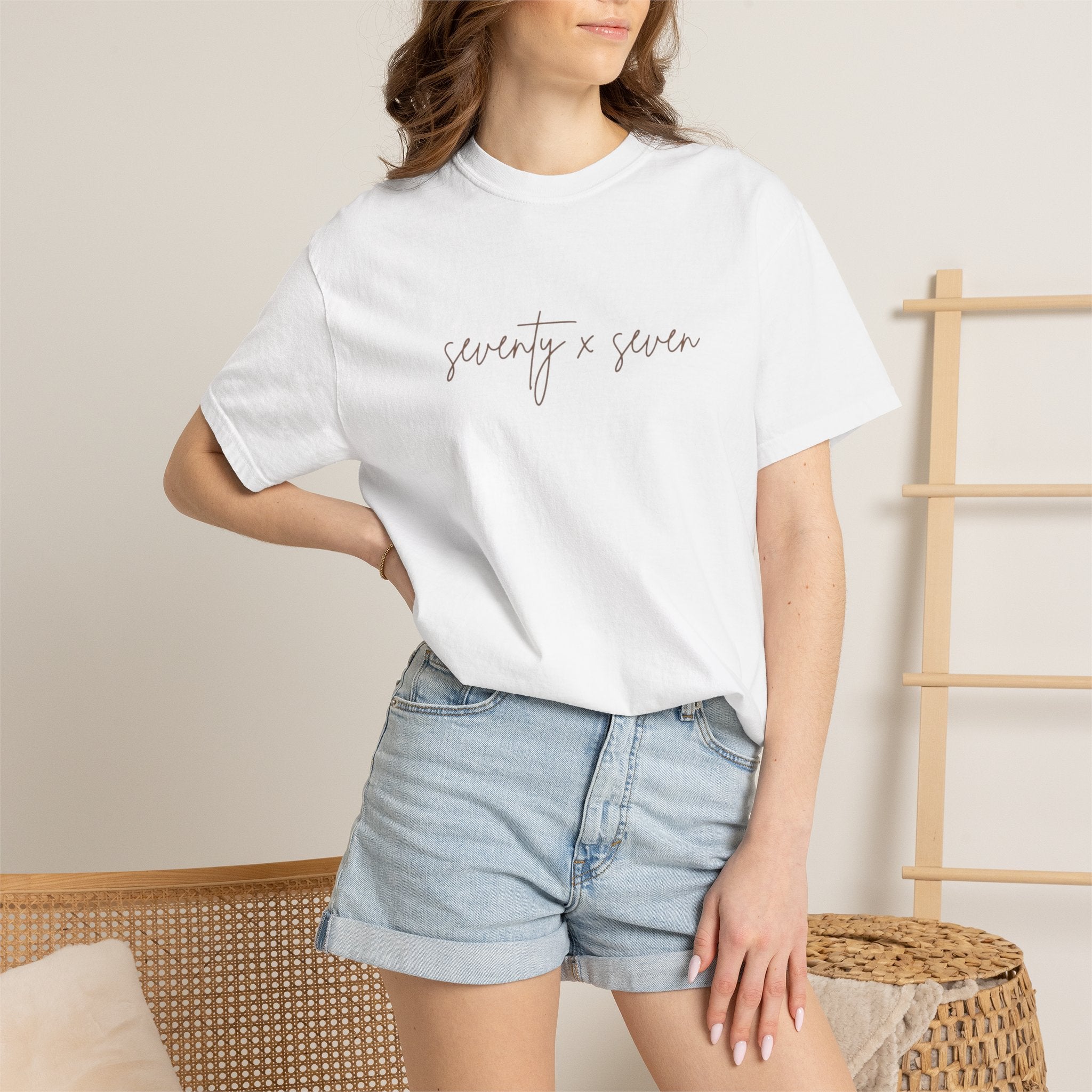 Seventy x Seven Script T-Shirt — Minimalist White Graphic Tee