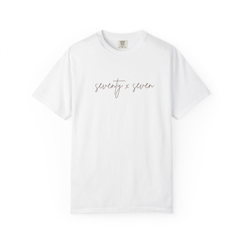 Seventy x Seven Script T-Shirt — Minimalist White Graphic Tee