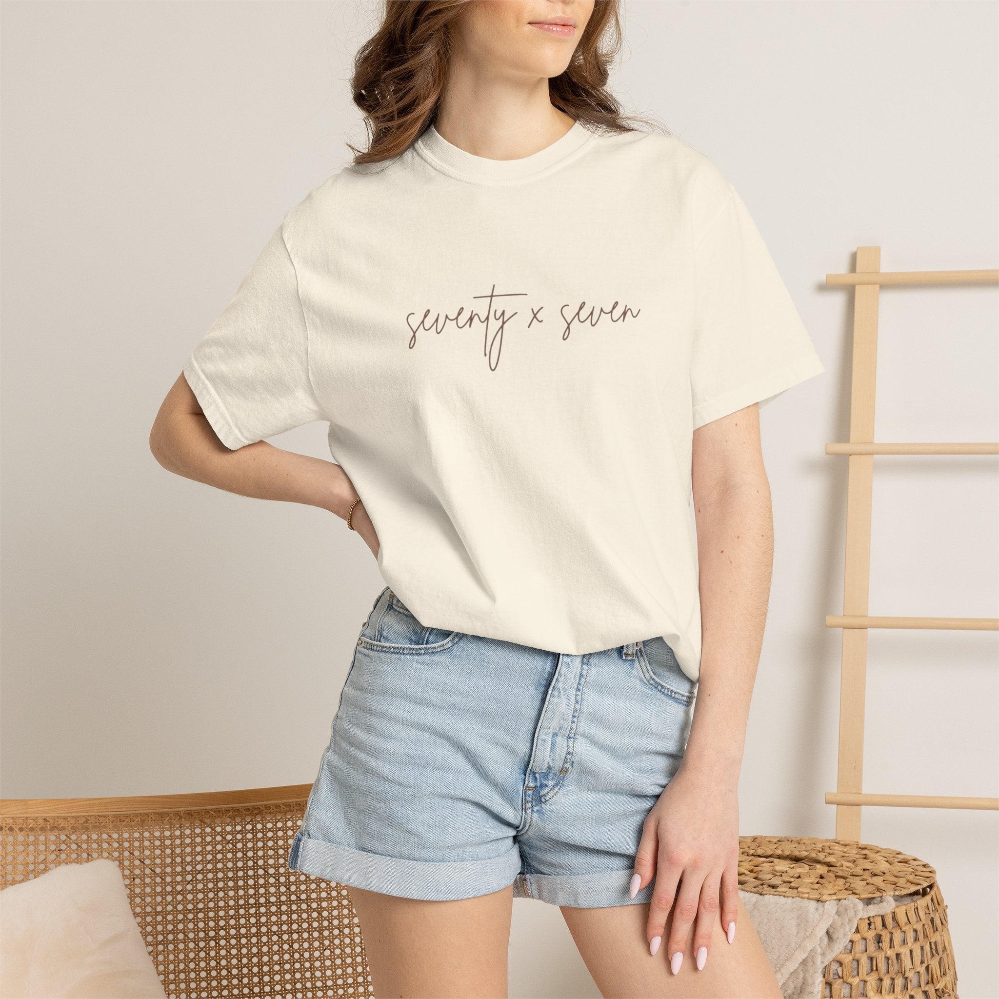 Seventy x Seven Script T-Shirt — Minimalist White Graphic Tee